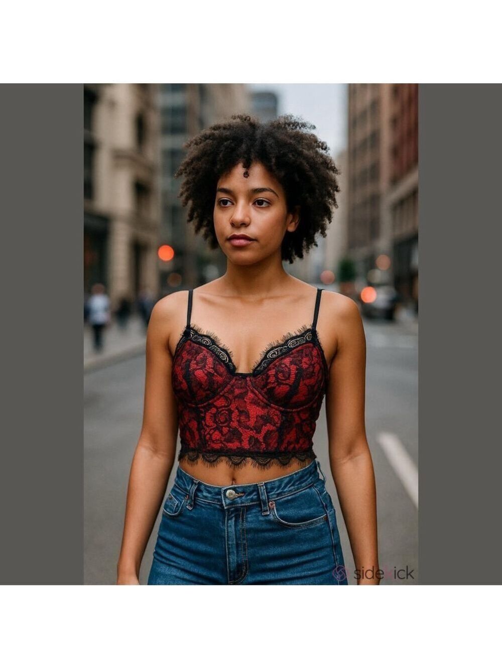 Romwe Women’s Large Red Black Lace Bustier Crop Top Underwire Sheer Mesh adjust